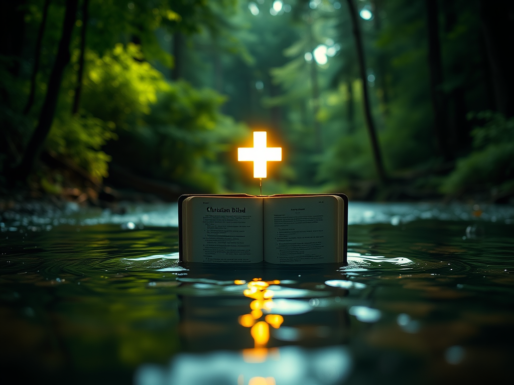 a deep rich green forest with a clearing on a pond or creek. Out of the water peaks a Bible with a light plus cross illuminating and reflecting in the water. pic made with AI