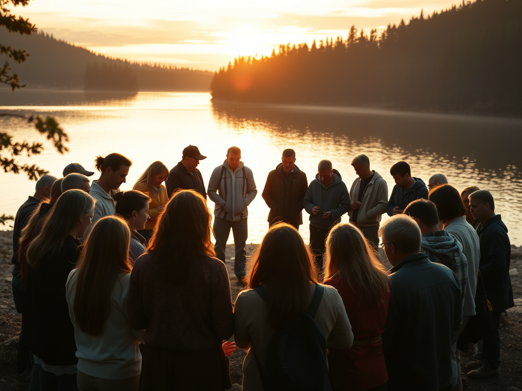 a diverse group of people in a circle, praying. the backdrop is a shore of a lake surrounded by forest, like in Maine USA. at sunset