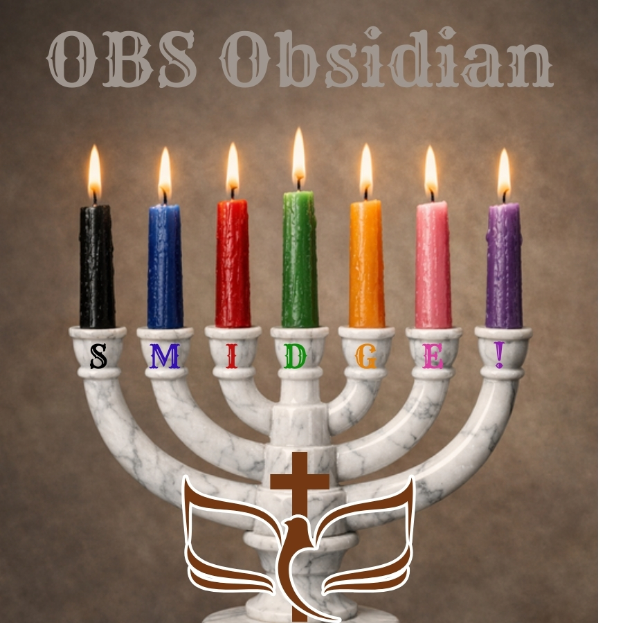 OBS OBSIDIAN/ SMIDGE! logo - a seven armed menorah chandelier, with 7 candles in black, blue, red, green,orange, pink, and purple. a dove of peace with a cross at its foot 
