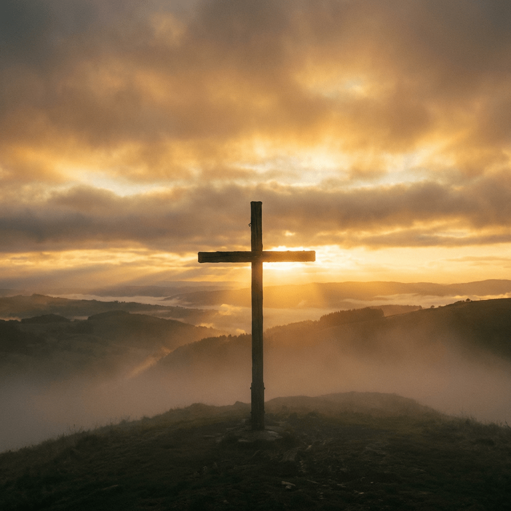 A wooden cross silhouetted against a golden sunrise over misty rolling hills.