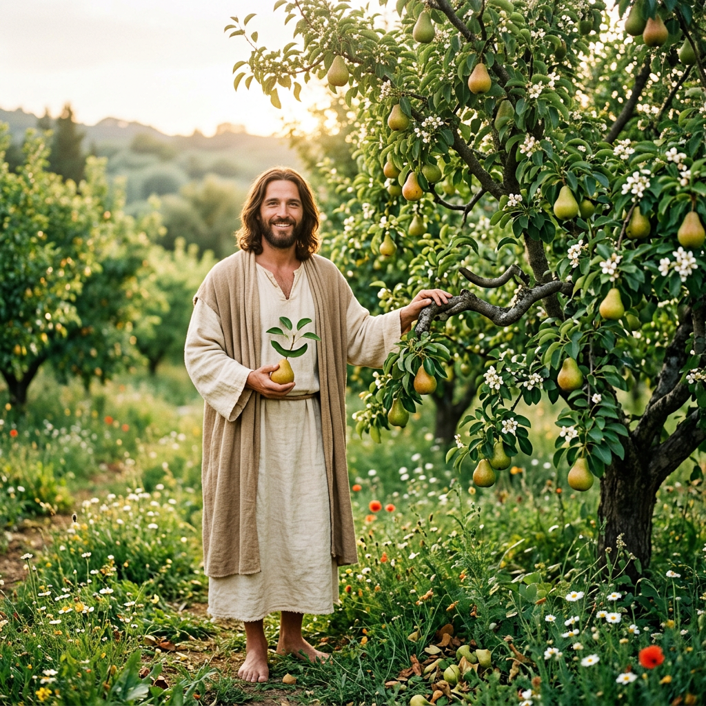 Man holding pear and standing barefoot in blooming pear orchard at sunset